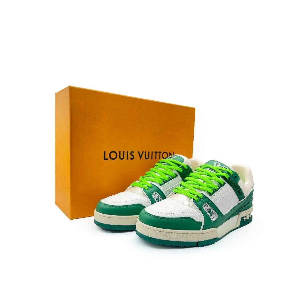 Louis Vuitton Green & White Leather Trainer Sneakers